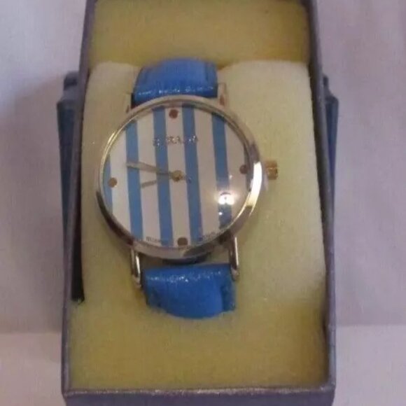 STRADA Watch Stripe Faux Leather Band Stainles Steel Blue Original Box - Picture 1 of 5